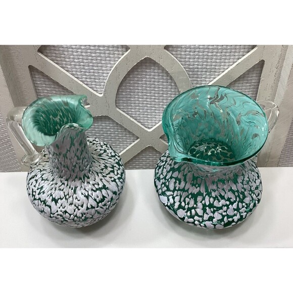 Art Pilgrim Glass Vase & Mini Pitcher Pair Green White Speckled Clear Handle - Picture 4 of 10